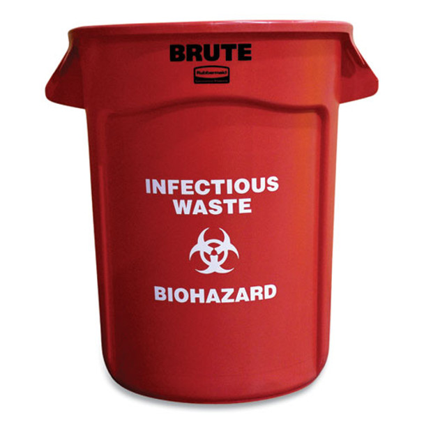 Round Brute Container With "infectious Waste: Biohazard" Imprint, Plastic, 32 Gal, Red