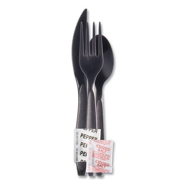 Reliance Mediumweight Cutlery Kit, Knife/fork/spoon/salt/pepper/napkin, Black, 250 Kits/carton