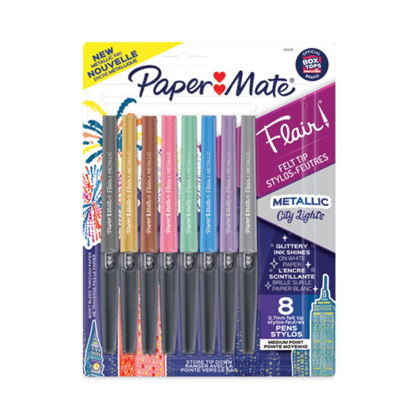 Flair Metallic Porous Point Pen, Stick, Medium 0.7 Mm, Assorted Ink And Barrel Colors, 8/pack