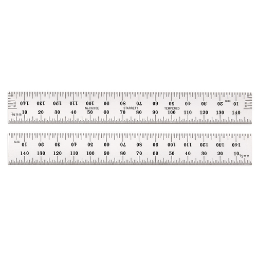 C635E-150 150mm Spring-Tempered Steel Rule with Millimeter Graduations, Graduations at mm and 1/2mm on Both Sides; mm on Both Ends on One Side