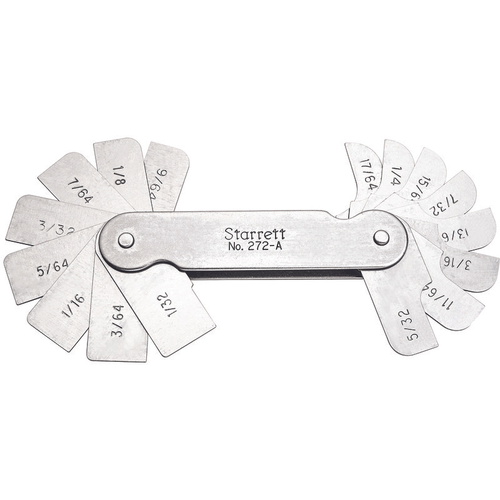 272A Fillet or Radius Gage, 1/32-17/64" Range (Concave and Convex), 64th Increments, 16 Leaves, Inch Reading