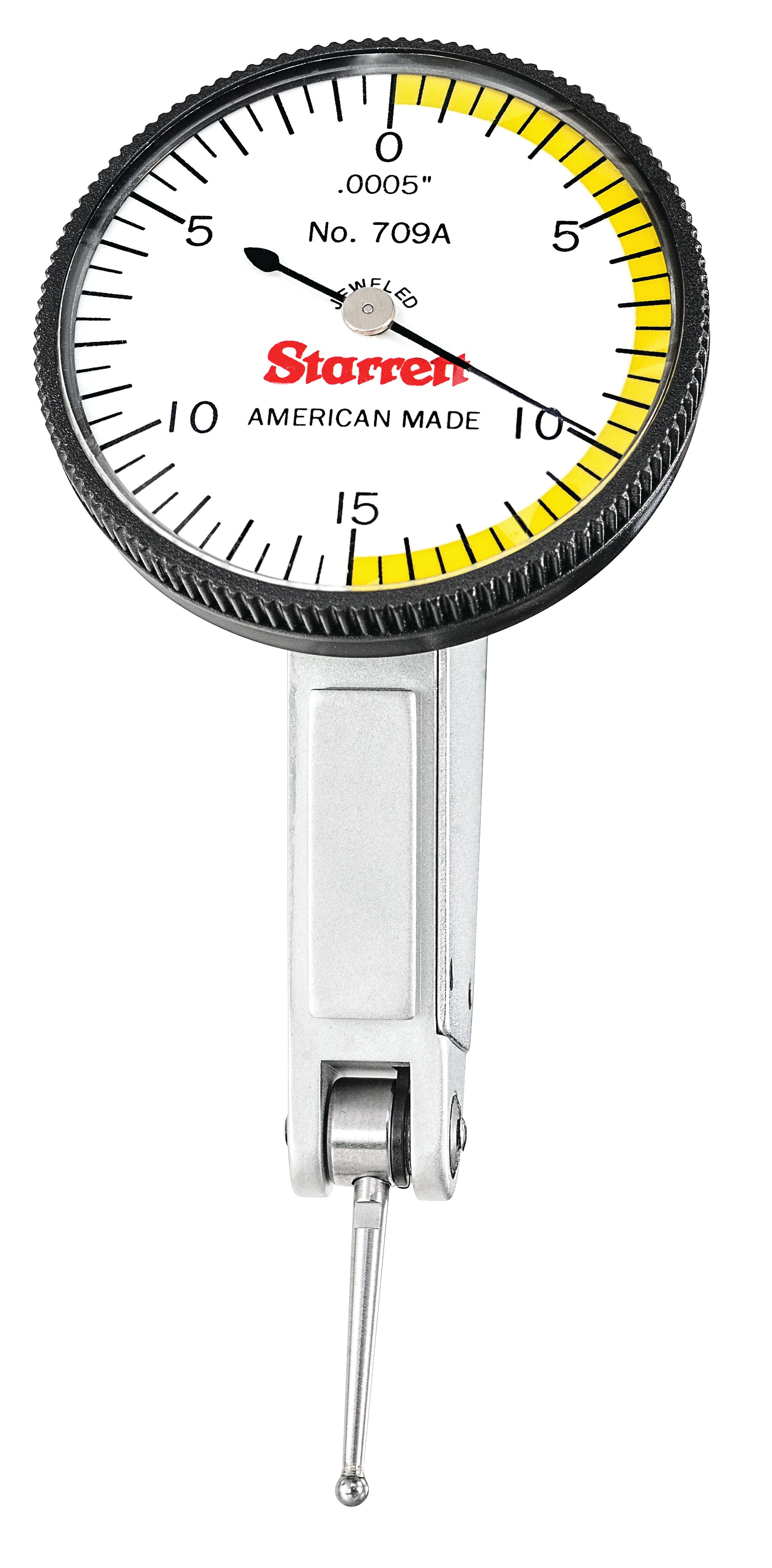 Starrett 711HSZ Last Word Dial Test Indicator With Body Clamp, 0.03" Range, 0 To 15 To 0 Reading