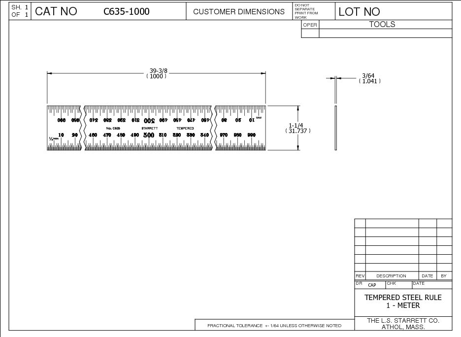 C635-1000 1000mm Spring-Tempered Steel Rule with Millimeter Graduations,  Graduations at mm and 1/2mm on Both Sides Starrett C635E-150 Spring Tempered Steel Rule With Millimeter Grad