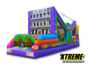 "30' Funhouse Obstacle Course with participants navigating through inflatable obstacles"