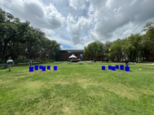 "Giant Yard Pong game setup for an outdoor party"