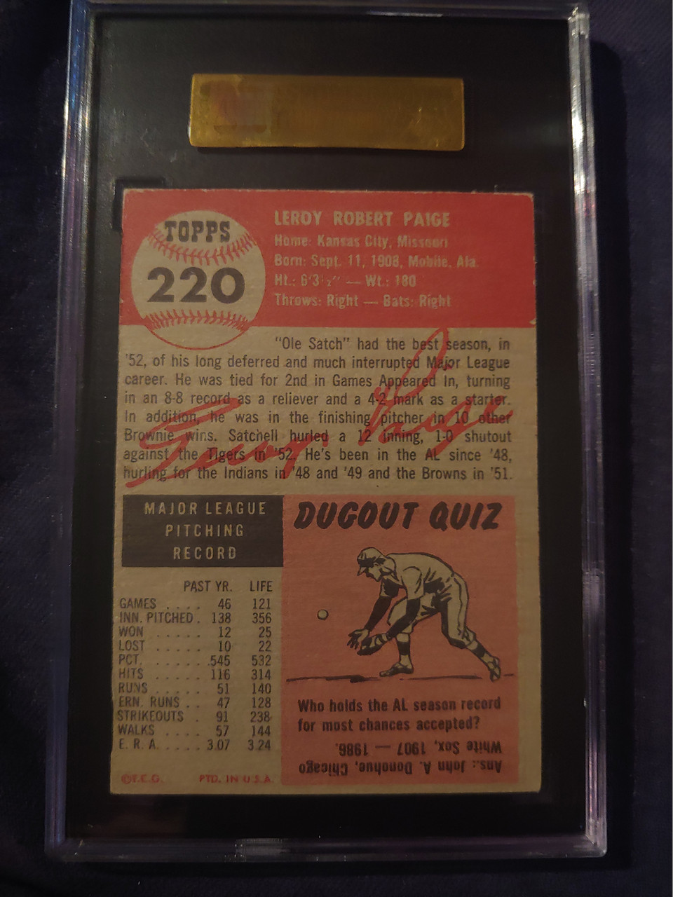 1953 Topps #220 Satchel Paige St. Louis Browns Baseball Card Sgc