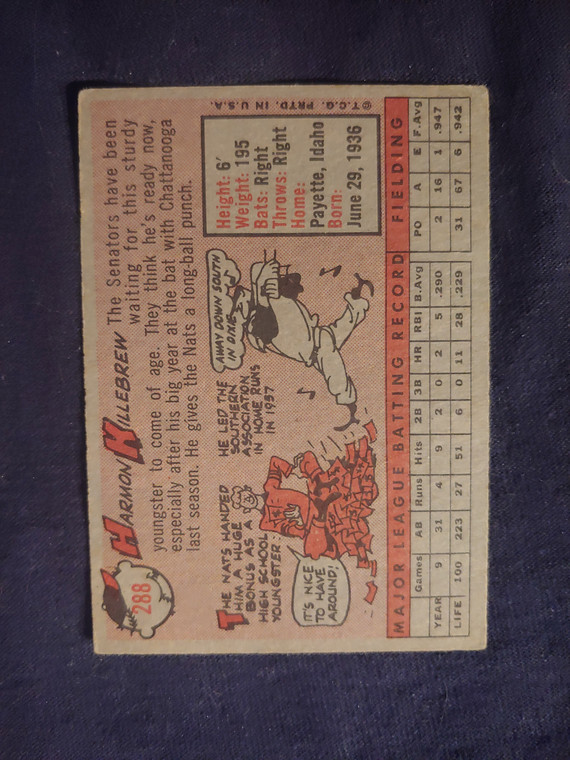 1958 Topps #288 Harmon Killebrew vg+