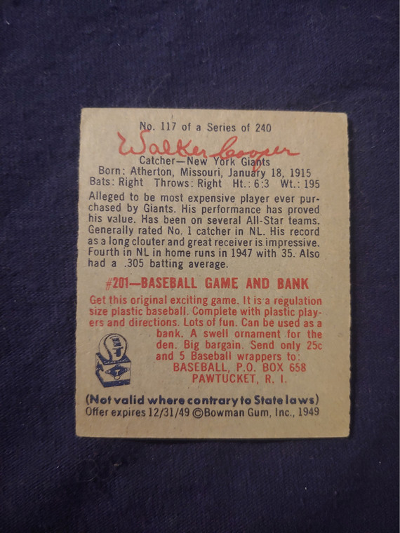 1949 Bowman #117 Walker Cooper