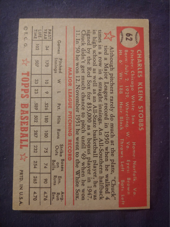 1952 Topps #62 Chuck Stobbs RB ex