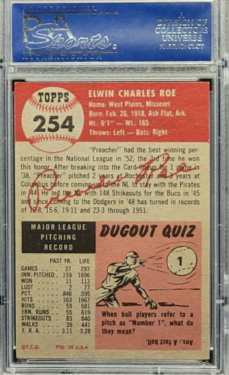 1953 Topps #254 Preacher Roe PSA 6.5