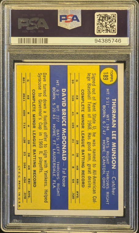 1970 Topps 189 Yankees Rookies T. Munson/D. McDonald PSA 4