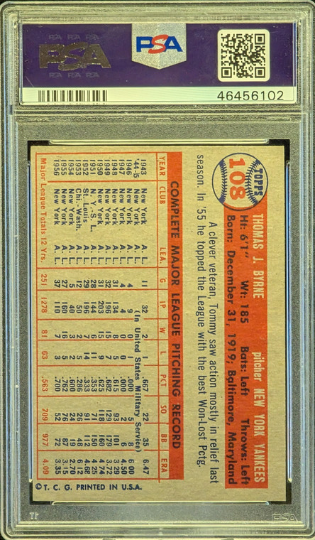 1957 Topps 108 Tommy Byrne PSA 7