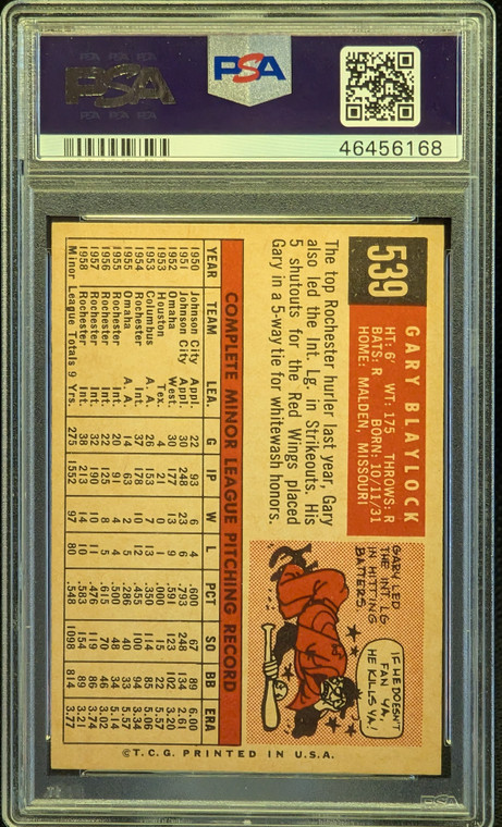 1959 Topps 539 Gary Blaylock PSA 7