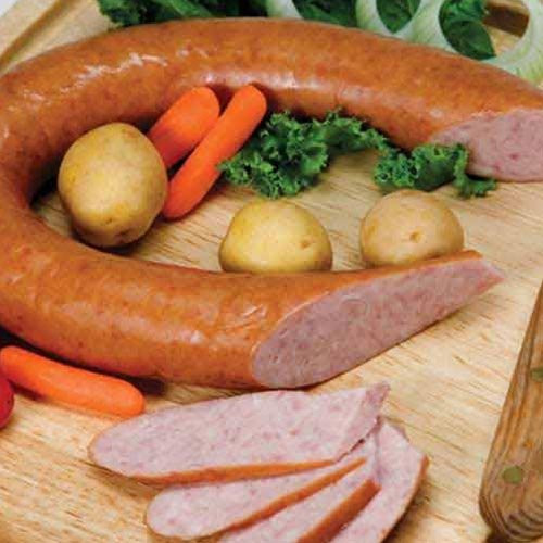 A finished meat product with a non-edible Collagen Casing used as the casing