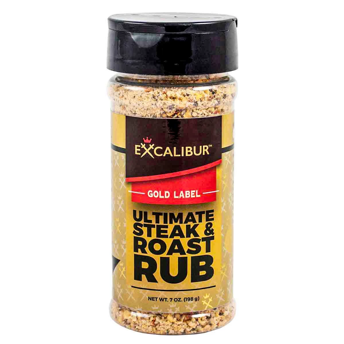 A shaker of Ultimate Steak and Roast Rub from Walton's and Excalibur