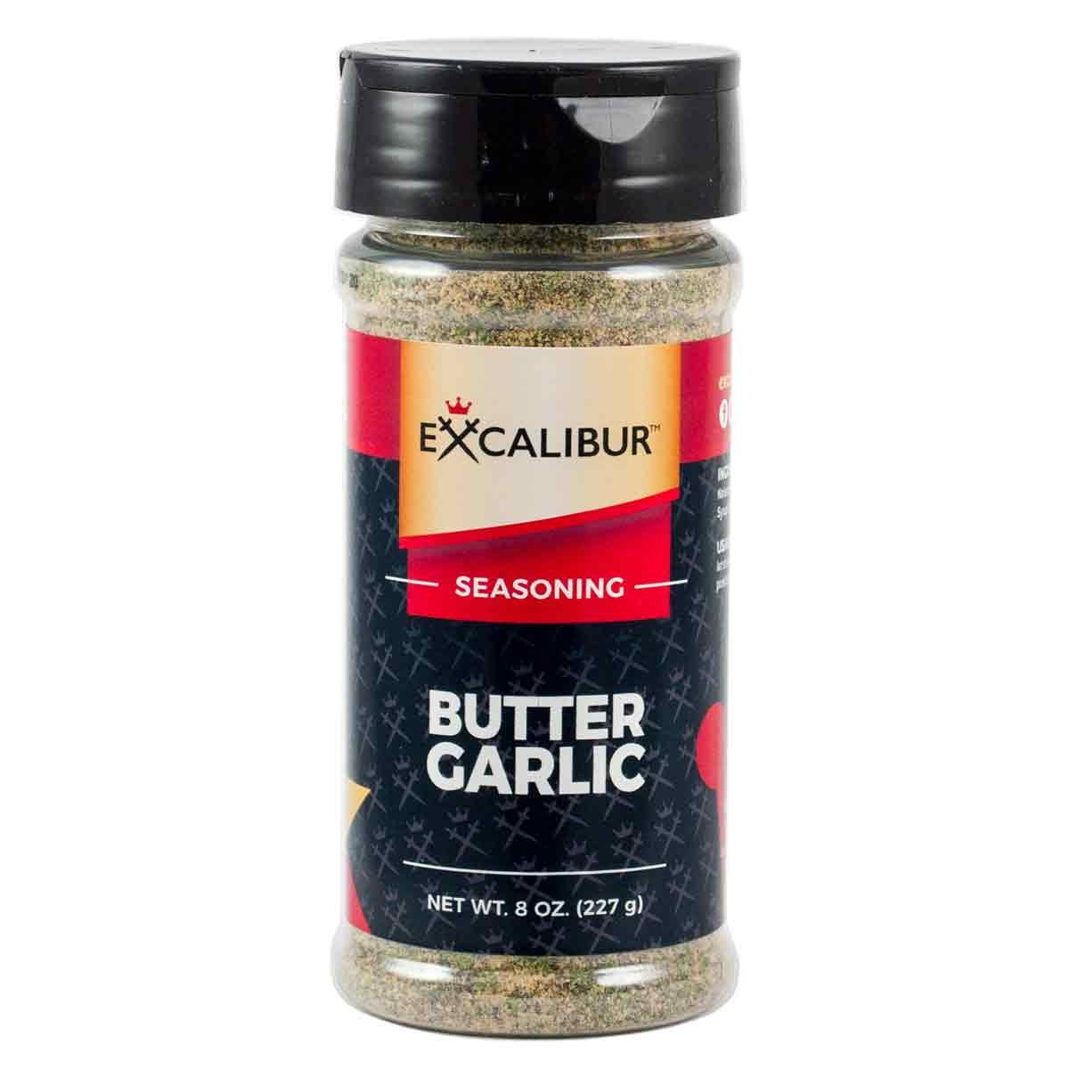 A shaker of Butter Garlic Rub from Excalibur