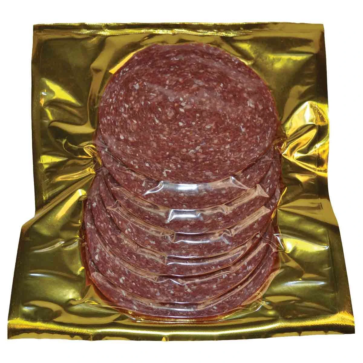 Walton's Gold Foil Chamber Vacuum Pouch with slices of meat inside