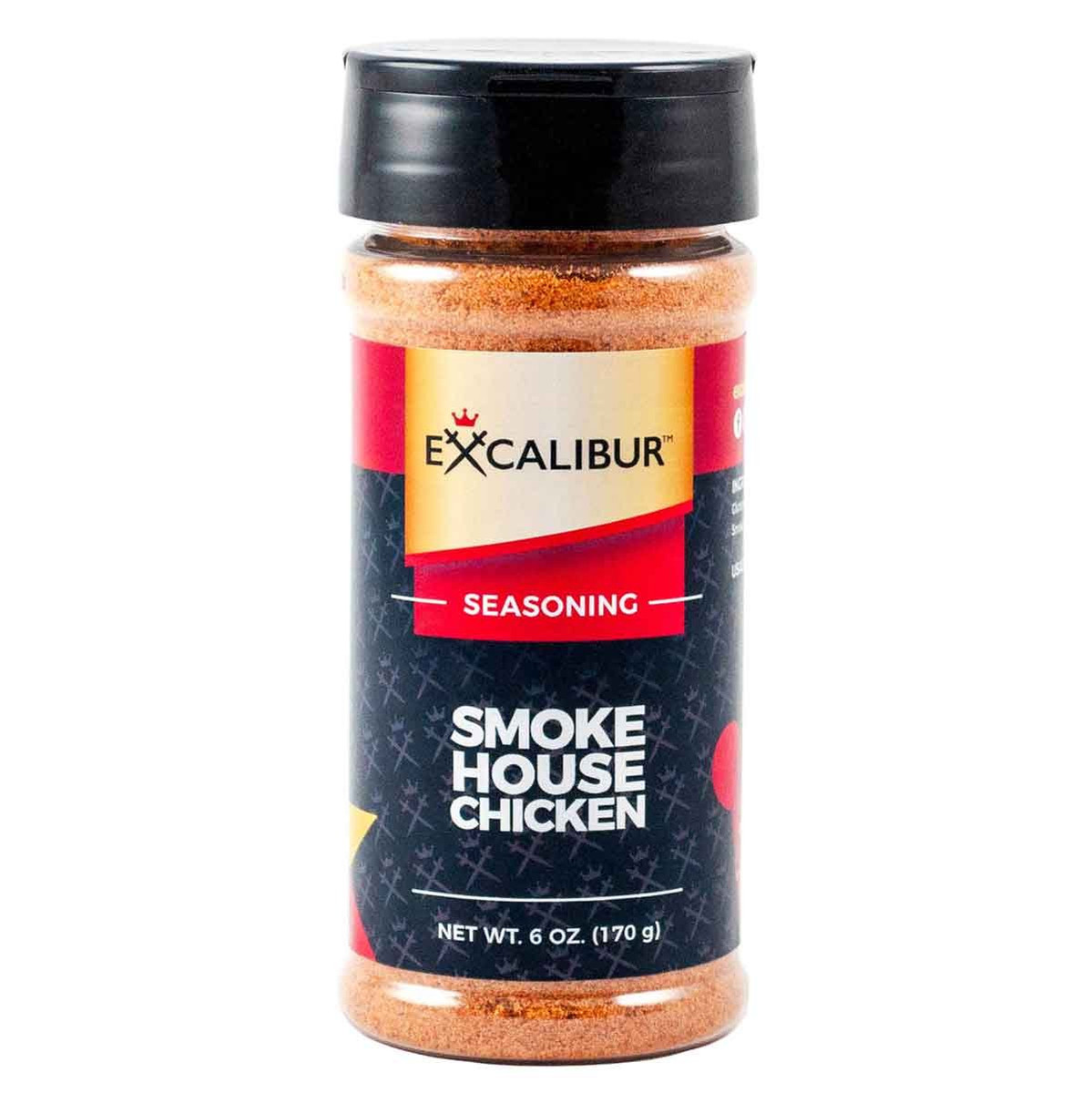 A shaker of Smokehouse Chicken Seasoning from Excalibur
