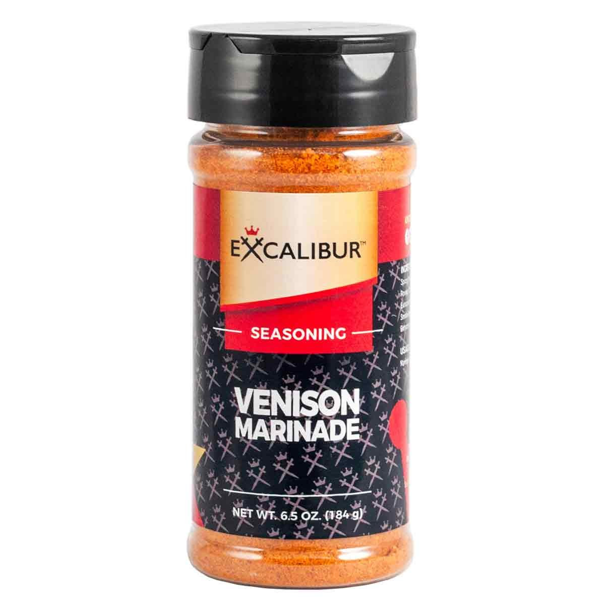 A shaker of Venison Marinade from Excalibur