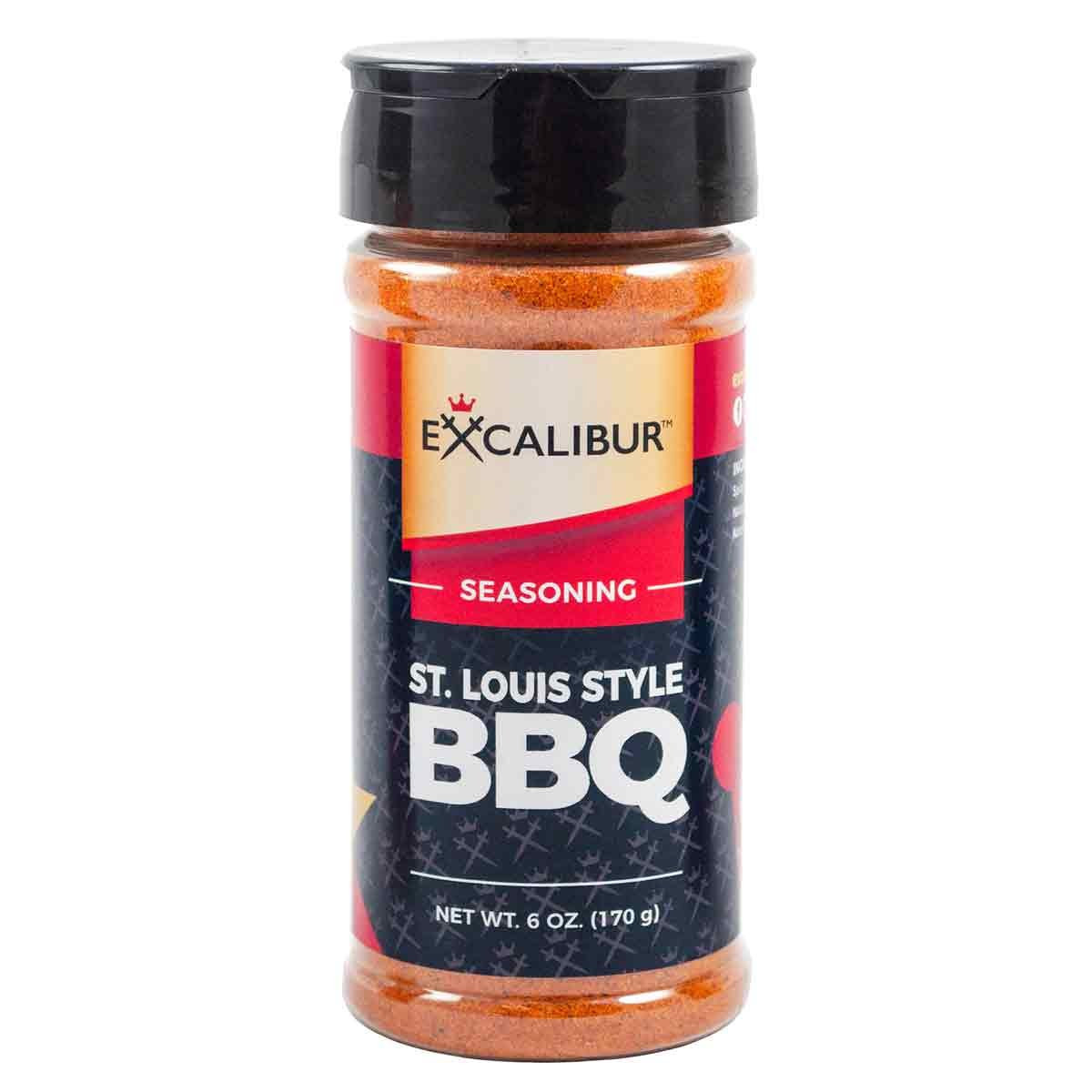 A shaker of St. Louis Style BBQ Seasoning from Excalibur
