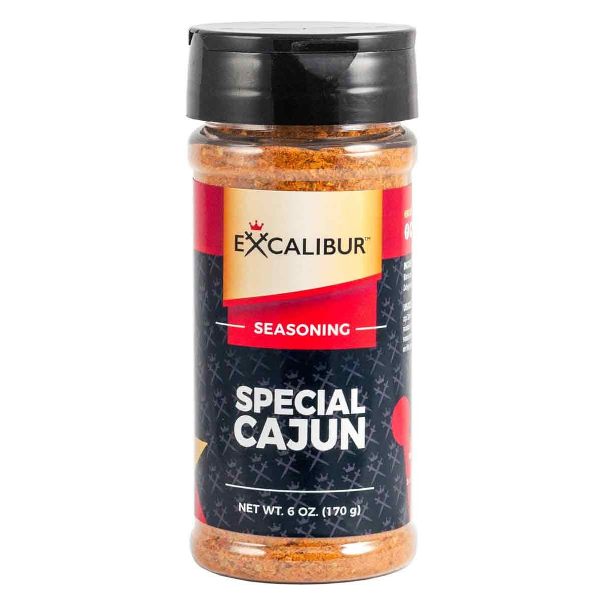 A shaker of Special Cajun Seasoning from Excalibur