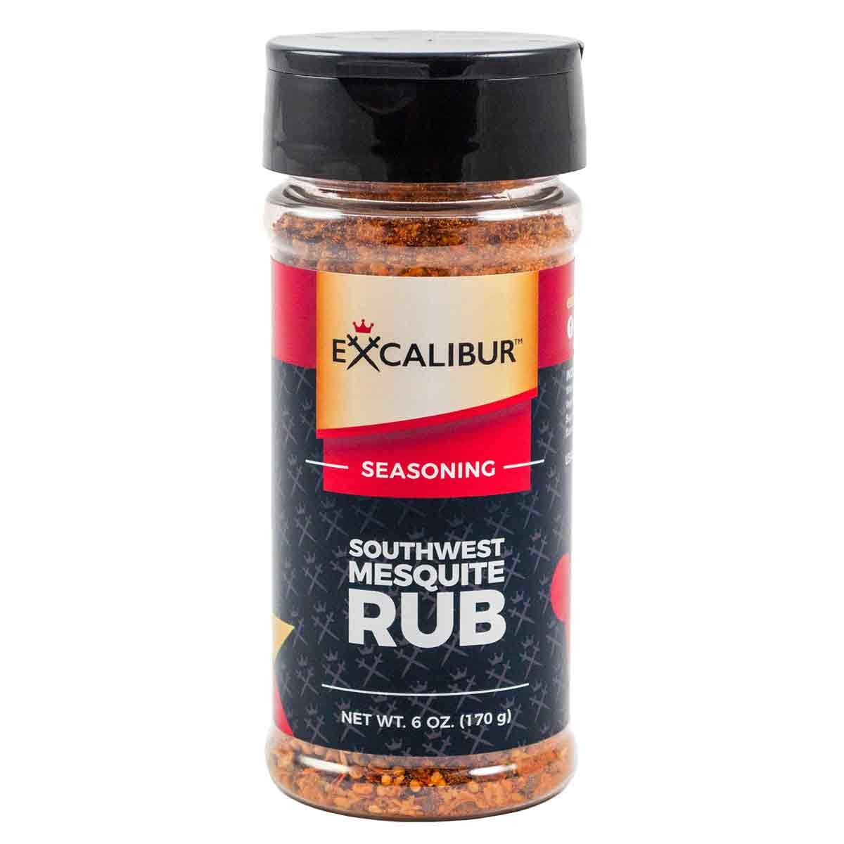 A shaker of Southwest Mesquite Rub from Excalibur