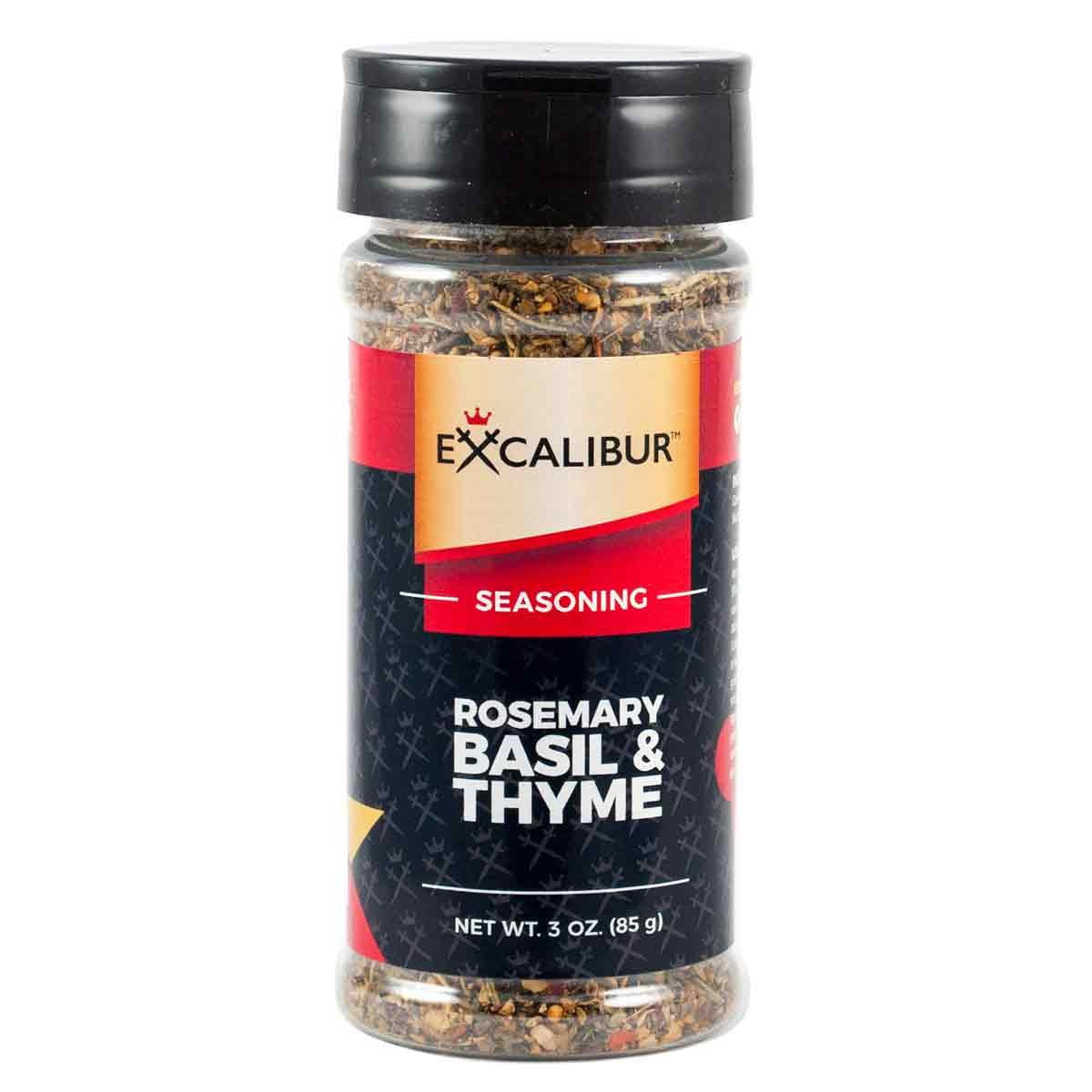 A shaker of Rosemary Basil and Thyme Seasoning from Excalibur