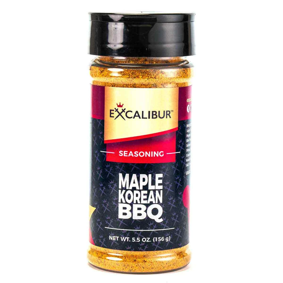 A 5.5 oz. shaker of Maple Korean BBQ seasoning from Excalibur