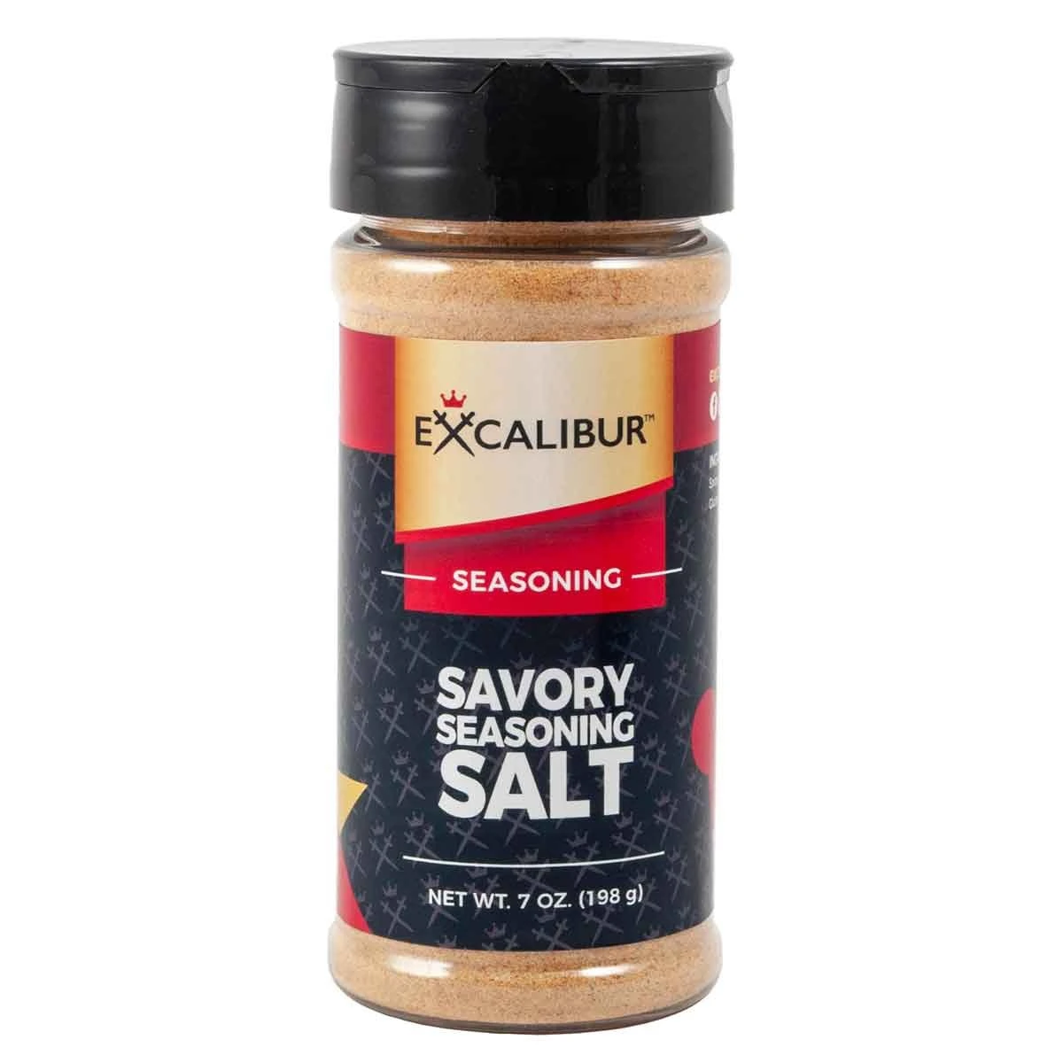 A shaker of Savory Seasoning Salt from Excalibur