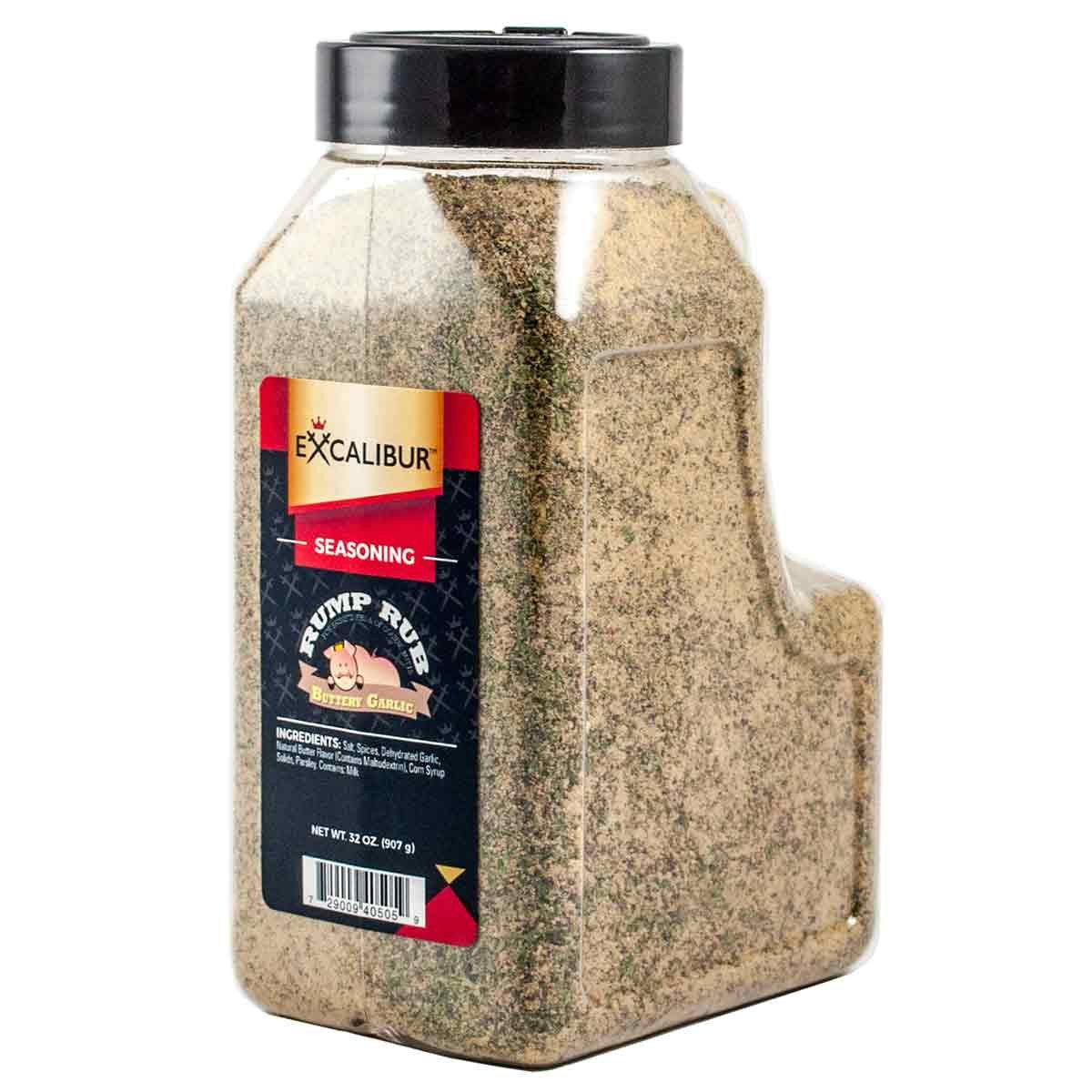 A 32 oz. bottle of Buttery Garlic Style Rump Rub from Excalibur
