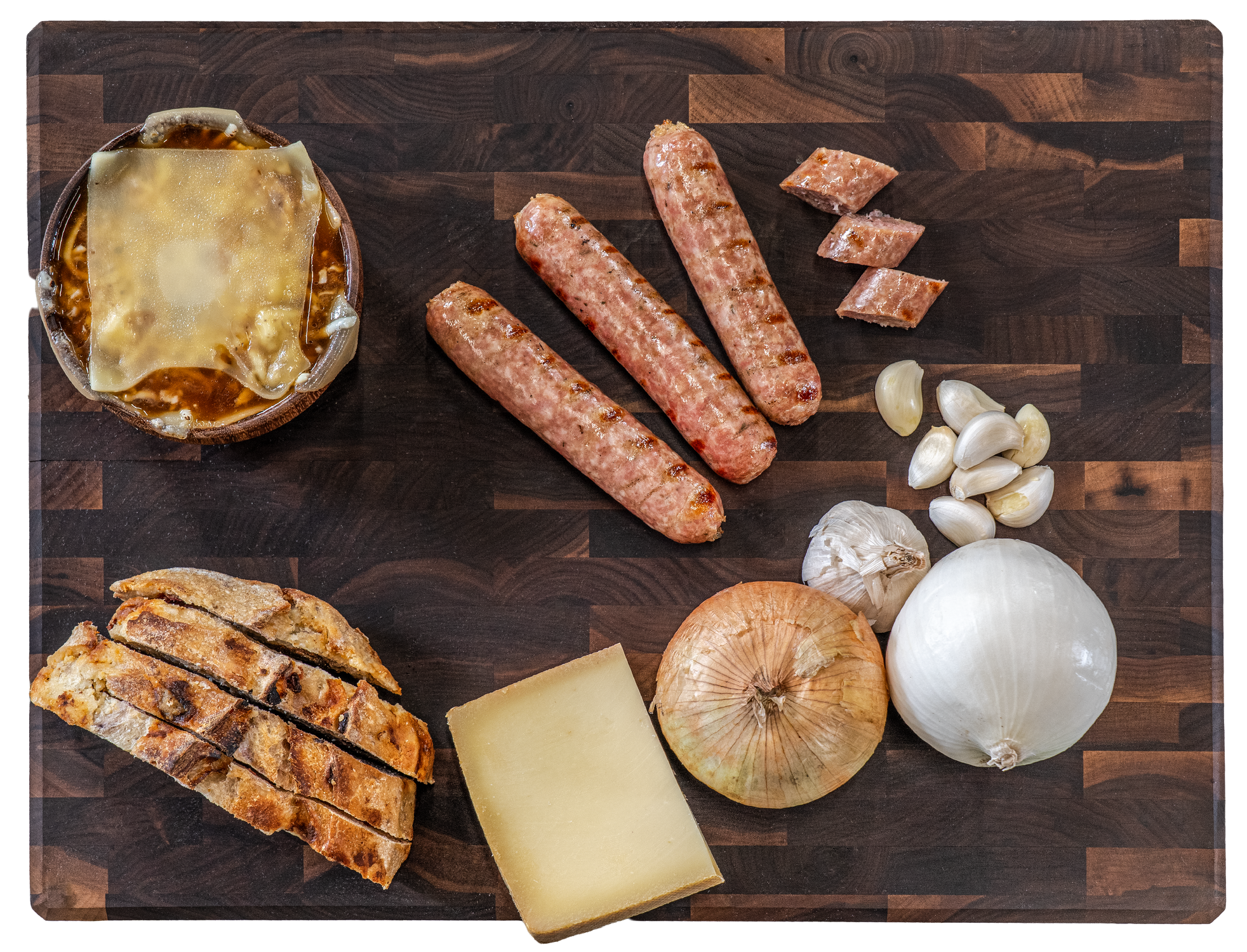 Mac Attack and Rustic French Onion Bratwurst