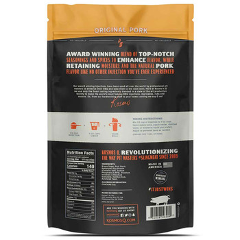 The back of a bag of Kosmos Q Pork Injection