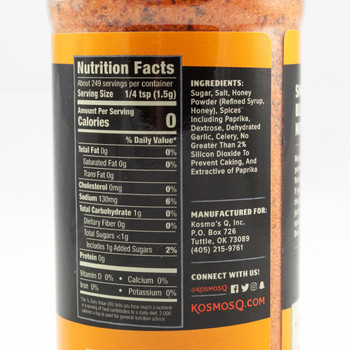 Nutrition Facts on a shaker of Kosmos Q Killer Bee Honey Rub