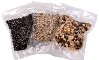 3 VacMaster Zip Vacuum Pouches with seeds and nuts inside