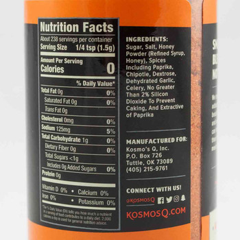 Nutrition Facts on a bottle of Kosmos Q Spicy Killer Bee Honey Rub