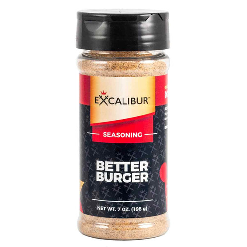 A shaker of Better Burger Seasoning from Excalibur