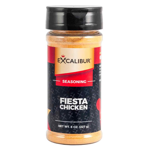 A shaker of Fiesta Chicken Seasoning from Excalibur