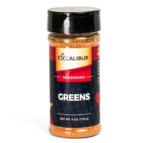 A 6 oz. shaker of Greens Seasoning from Excalibur