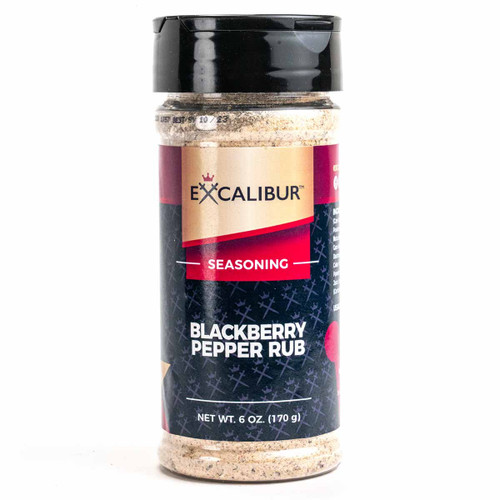 A shaker of Blackberry Pepper Rub from Excalibur