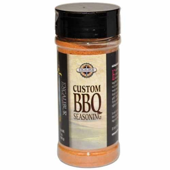 A shaker of Custom BBQ Seasoning from Excalibur