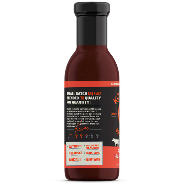 The back of a bottle of Kosmos Q Peach Habanero BBQ Sauce