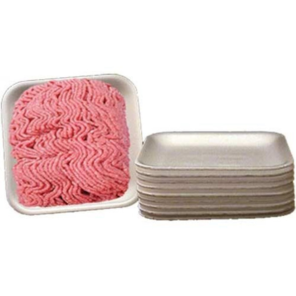 A stack of White Foam Trays, and one filled with ground meat