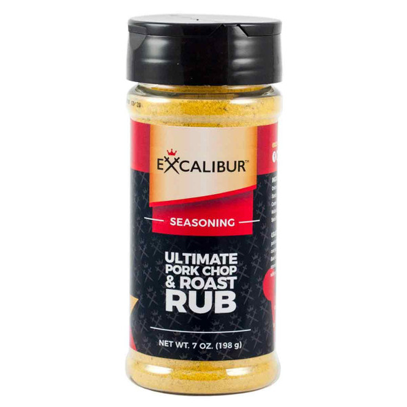A shaker of Ultimate Pork Chop and Roast Rub from Excalibur