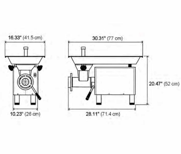 Measurement diagram for front and side view of the Pro-Cut #22 KG-22W-SS Meat Grinder - 1 HP