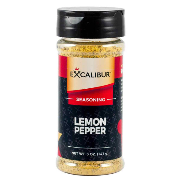 A shaker of Lemon Pepper seasoning from Excalibur