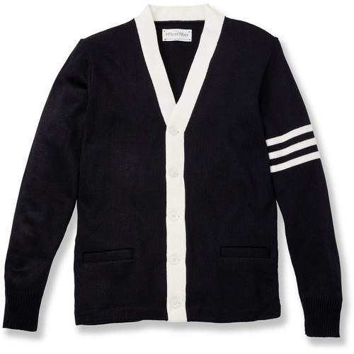 V-Neck Varsity Cardigan Sweater with school emblem [NY015-6354/DOB-NVY W/WH]