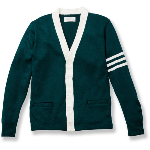 V-Neck Varsity Cardigan Sweater with school emblem [NY047-6354/HTH-GRN W/WH]