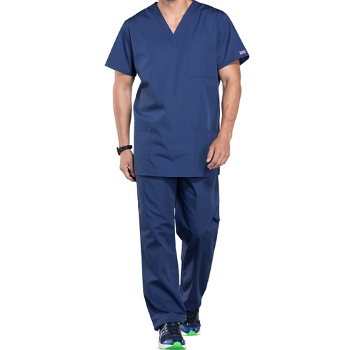 Unisex V-Neck Short Sleeve Top with heat transferred logo [PA095-4876/WUN-NAVY]