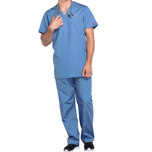 Unisex V-Neck Short Sleeve Top with embroidered logo [NY388-4876-SCN-CIEL]