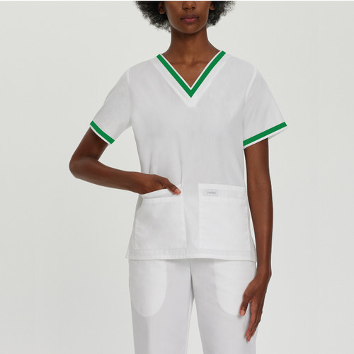 V-Neck Tunic Top with embroidered logo [NY266-8219~S&C-WHT W/GN]